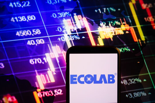 KONSKIE, POLAND - August 30, 2022: Smartphone displaying logo of Ecolab company on stock exchange chart background