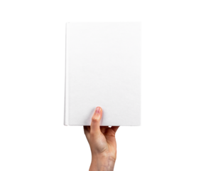 Hand holding closed book mockup isolated on white background. Novel, encyclopedia, code, Bible template with blank cover. Reading leisure, study, learning concept