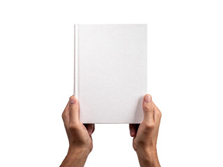 Hands holding closed book mockup isolated on white background. Gift. Study, preparing for exams, research conducting concept.