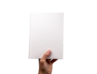 Hand holding hardback book mockup isolated on white background. Education, wisdom concept. Novel, encyclopedia, code, Bible, cookbook, guide template with blank cover.