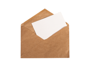 Kraft envelope and paper sheet mockup inside isolated on white background. Letter, invitation, postcard template with place for text.