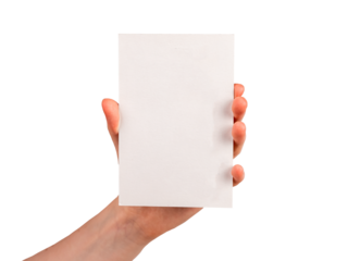 Hand holding postcard mockup isolated on white background. Template for congratulation, invitation, note. Paper in vertical position.