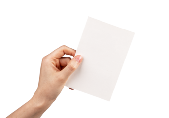 Hand holding postcard mockup isolated on white background. Letter, invitation, brochure, greeting template with place for text. Paper in rotated position.