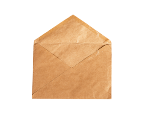 Open kraft paper envelope isolated on white background. Natural package for letter, invitation, card, gift. Vintage style