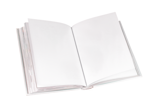 Open book mockup with empty pages isolated on white background. Reading, intellectual development, knowledge, education concept. Encyclopedia, Bible, code, novel