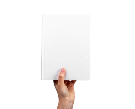 Hand holding closed book mockup isolated on white background. Novel, encyclopedia, code, Bible template with blank cover. Reading leisure, study, learning concept - Powered by Adobe