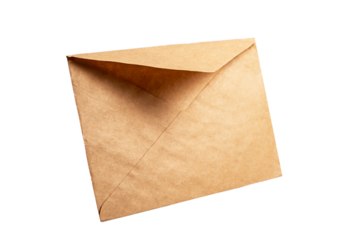 Kraft paper envelope isolated on white background. Angled view. Natural package for letter, invitation, postcard, gift.