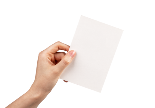 Hand holding postcard mockup isolated on white background. Letter, invitation, brochure, greeting template with place for text. Paper in rotated position.