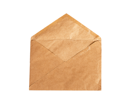 Open kraft paper envelope isolated on white background. Natural package for letter, invitation, card, gift. Vintage style