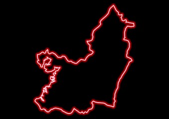 Fototapeta premium Red glowing neon map of Valle del Cauca Colombia on black background.
