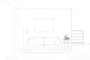 Sketch of the classic room with a  vertical poster on the wall with moldings, a floor lamp near the classic console with books, and a window with curtains in the background. 3d render
