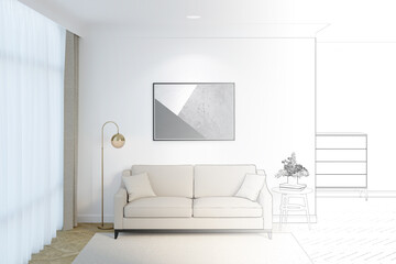 A sketch becomes a room with a horizontal poster above a beige sofa, a floor lamp near a window with curtains, flowers in a vase on a round coffee table, a chest of drawers in the background.3d render