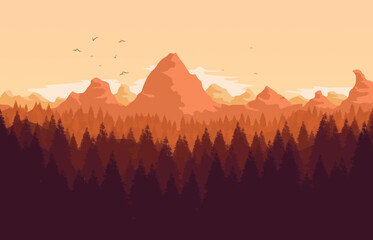 Vector illustration of a sunset landscape with rocks, fir forest, birds and cclouds, autumn or summer landscape, vector background.