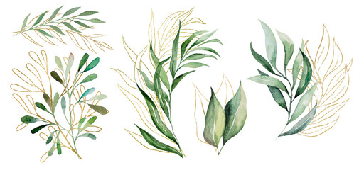 Naklejka na ściany i meble Green and Golden botanical watercolor leaves illustration, wedding design element