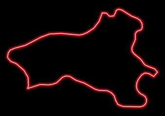 Red glowing neon map of Vibo Valentia Italy on black background.