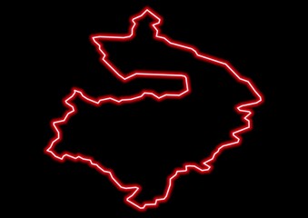 Red glowing neon map of Warwickshire United Kingdom on black background.