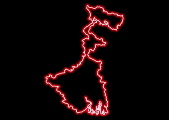 Red glowing neon map of West Bengal India on black background.