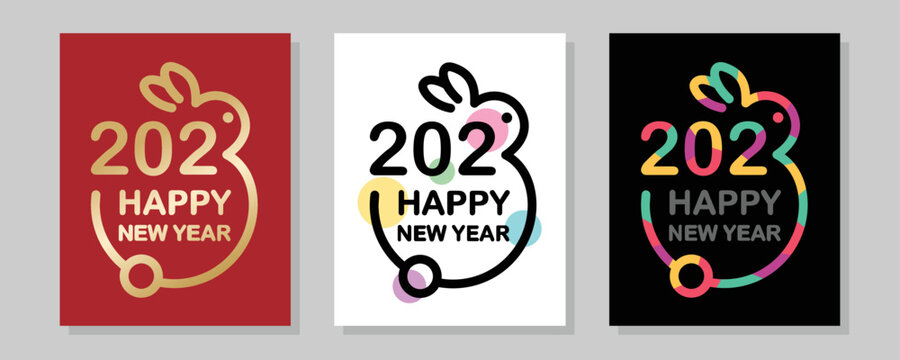 Creative concept of 2023 Happy New Year posters set. The year of the rabbit. Creative rabbit logo and text 2023. Happy Chinese New Year for banner, poster, card, calendar.