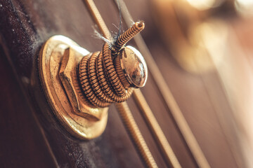 Close up, part of an acoustic guitar, macro detail.