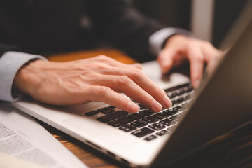 business person hands typing on computer keyboard closeup banner, businessman or student using laptop at home, online learning, internet marketing, working from home, office workplace freelance