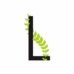 Green leaf stalk wrapped around a L shape letter for initial logo, brand identity or symbol.	