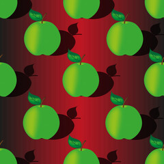 Seamless pattern with ripe green apple with shadow on style red gradient background. Beautiful print fo kitchen wallpaper with apples. Vector illustration with set of red fruits.