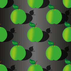 Seamless pattern with ripe green apple with shadow on style black gradient background. Beautiful print fo kitchen wallpaper with apples. Vector illustration with set of red fruits.