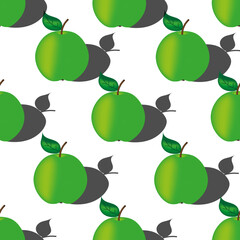 Seamless pattern with ripe green apple with shadow on white background. Beautiful print fo kitchen wallpaper with apples. Vector illustration with set of red fruits.