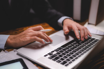 business person hands typing on computer keyboard closeup banner, businessman or student using laptop at home, online learning, internet marketing, working from home, office workplace freelance