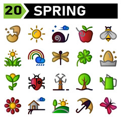 Spring icon set include turbine, wind, windmill, plant, ecology, tree, gardening, watering, cans, sunflower, scent, farm, farmer, ranch, landscape, house, hills, umbrella, protection, butterfly, fly
