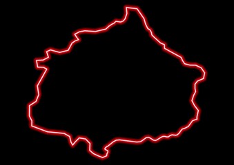 Red glowing neon map of Yambol Bulgaria on black background.