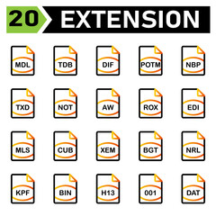 file extension icon include mdl, tdb, dif, potm, nbp, txd, not, aw, rox, edi, mls, cub, xem, bgt, nrl, kpf, bin, h13, 001, dat, file, document, extension, icon, type, set, format, vector, symbol