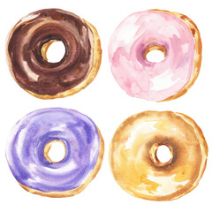 Donut set, delicious doughnuts. Food illustration.