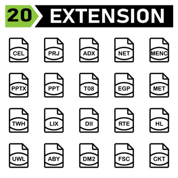 file extension icon include cel, prj, adx, net, menc, pptx, ppt, t08, egp, met, twh, lix, dii, rte, hl, uwl, aby, dm2, fsc, ckt,