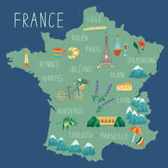 Hand drawn illustrated map of France. Concept of travel. Colorfed vector illustartion. Country symbols on the map.