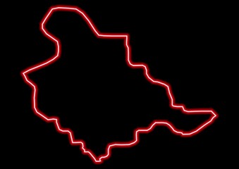 Red glowing neon map of Zenica-Doboj Bosnia and Herzegovina on black background.