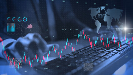 Stock exchange market economy financial dark theme, global business investment. Trader hand close...