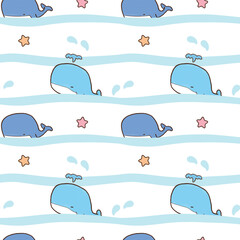Seamless Pattern of Cartoon Whale, Star and Wavy Line Design on White Background
