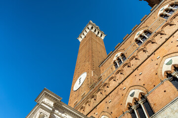Obraz premium Low Angle View of Torre del Mangia and Palazzo Pubblico in Siena, Italy