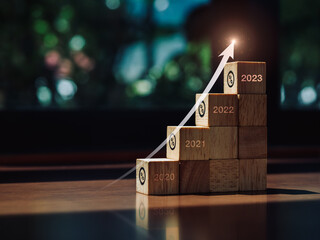 Shining rise up arrow on wood blocks chart steps with percentage icons from year 2020 to 2023 on...
