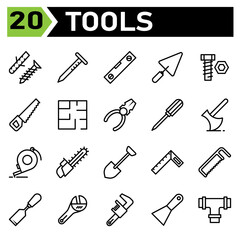 Tools construction icon set include screw, self tapping, bolt, self fastening, construction, nail, tools, carpenter, building, water pass, level, shovel, trowel, cement, equipment, work,bold,tool,saw