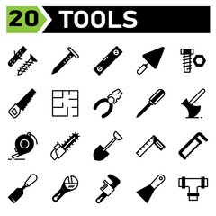 Tools construction icon set include screw, self tapping, bolt, self fastening, construction, nail, tools, carpenter, building, water pass, level, shovel, trowel, cement, equipment, work,bold,tool,saw