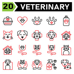Veterinary icon set include carrier, vet, pet, box, cargo, love, paw, veterinary, clinic, pet care, animal lover, care, medic, shampoo, soap, grooming, cat, face, kitten, emoticon, dong, canine, puppy