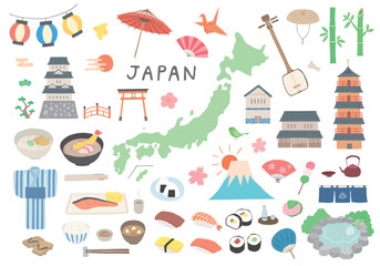 日本にまつわるモチーフの手描きイラストセット（カラー/輪郭線なし）