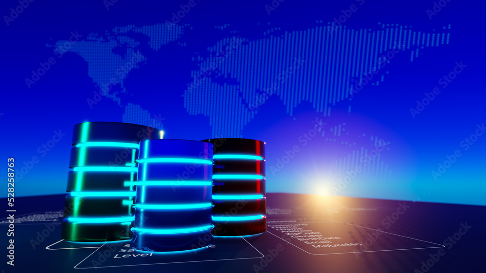 Aufkleber Multiple database is placed on Relational database tables with a blue dotted map background. Concept of database server, SQL, data storage, database diagram design. 3D illustration.
