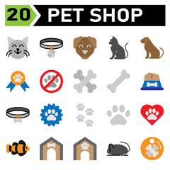 pet shop icon set include cat, pet, animal, emoticon, face, collar, dog, tag, track, pets, medal, award, paw, contest, warning, attention, alert, bone, food, chew, toys, nutrition, meal, achievement