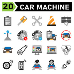 car machine icon set include car service, list, mechanic, repair, automobile, key, machine, motor, keys, lock, secure, toolkit, wrench, tools, service, cone, traffic, sign, workshop, gear, stick, car
