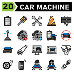 car machine icon set include car service, list, mechanic, repair, automobile, key, machine, motor, keys, lock, secure, toolkit, wrench, tools, service, cone, traffic, sign, workshop, gear, stick, car