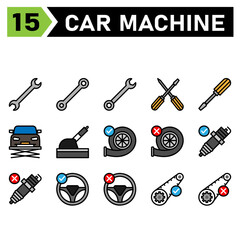Fototapeta premium car machine icon set include tools, tool, wrench, setting, car, screwdriver, lift, service, maintenance, automobile, handbrake, brake, turbo, machine, engine, accept, broken, spark, plug, mechanic