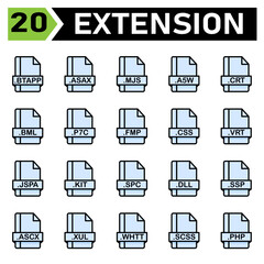 File extension icon set include btapp, asax, mjs, a5w, crt, bml, p7c, fmp, css, vrt, jspa, kit, spc, dll, ssp, ascx, xul, whtt, scss, php, file, document, extension, icon, type, set, format, vector